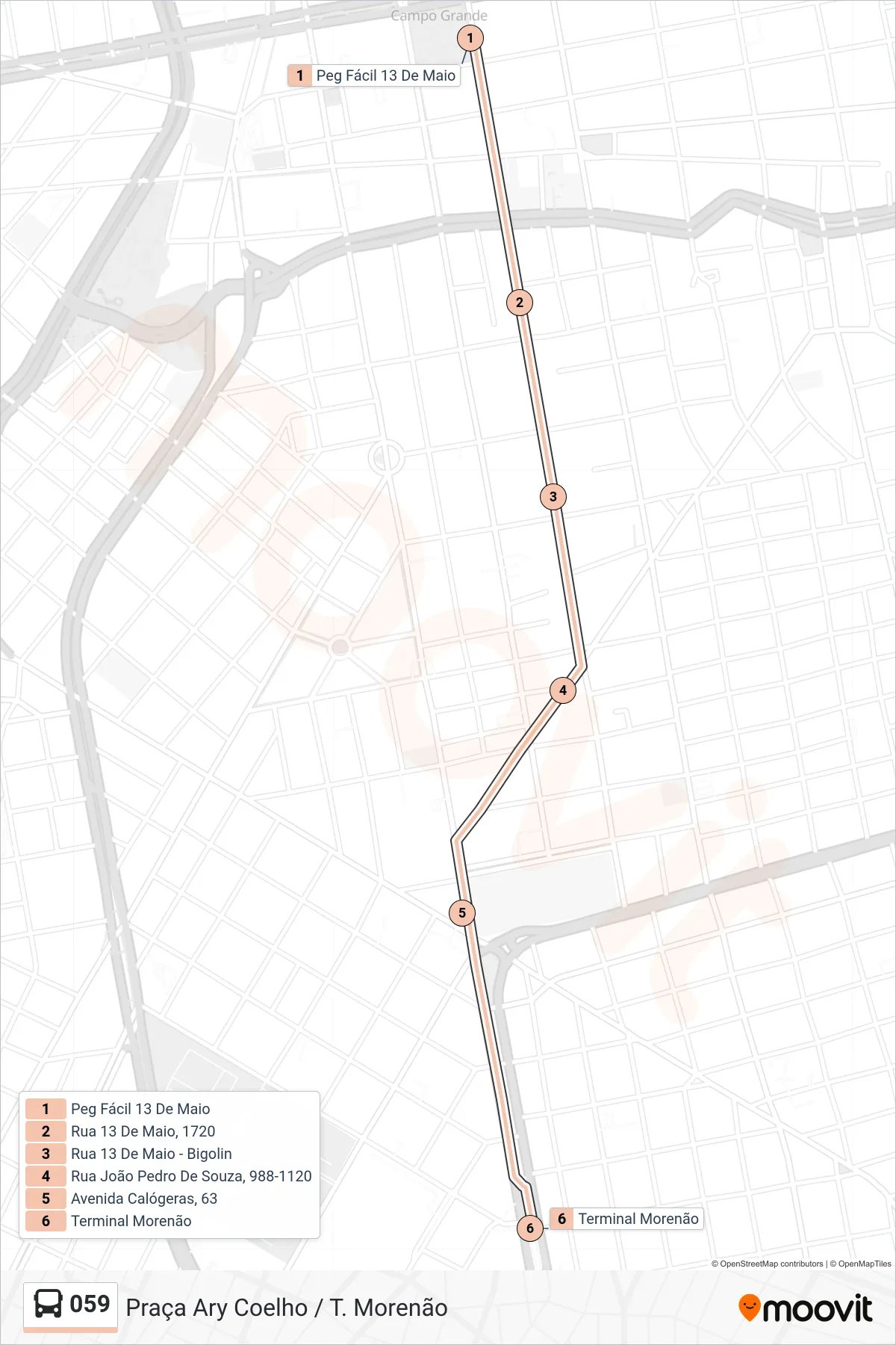 Rota e paradas da linha de ônibus 059 (Praça Ary Coelho / T. Morenão) no mapa