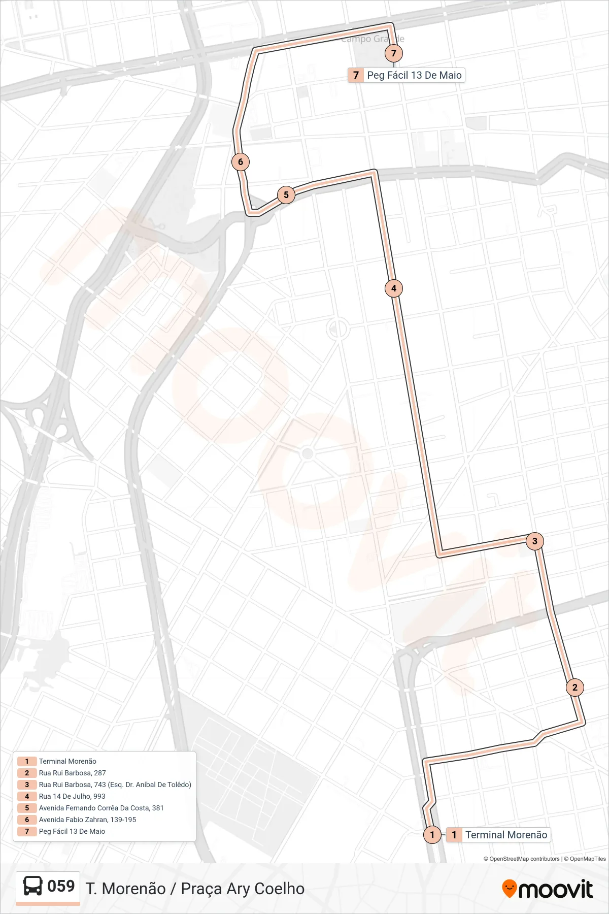 Rota e paradas da linha de ônibus 059 (T. Morenão / Praça Ary Coelho) no mapa