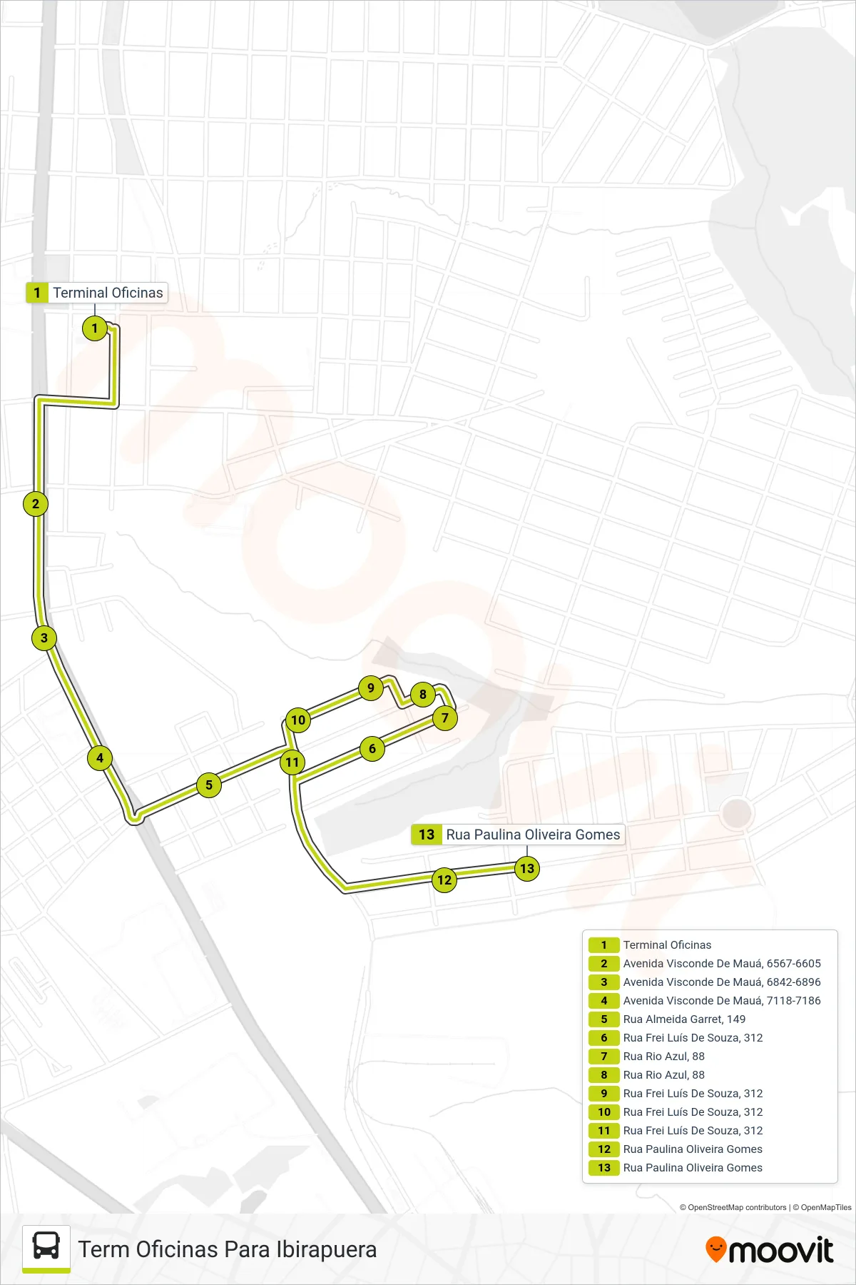 059 IBIRAPUERA bus Line (Term Oficinas Para Ibirapuera) route and stops on a map
