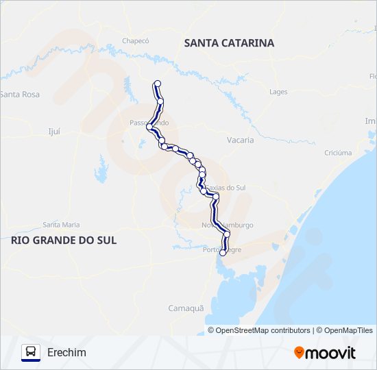 Mapa da linha 1051 ERECHIM / PORTO ALEGRE de ônibus