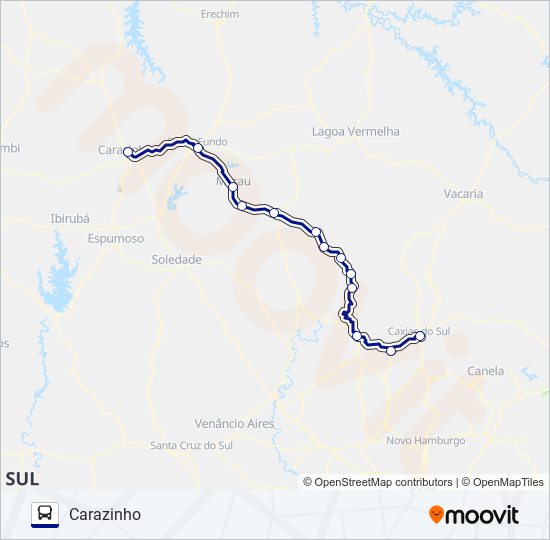 Mapa da linha 2577 CAXIAS DO SUL / CARAZINHO de ônibus