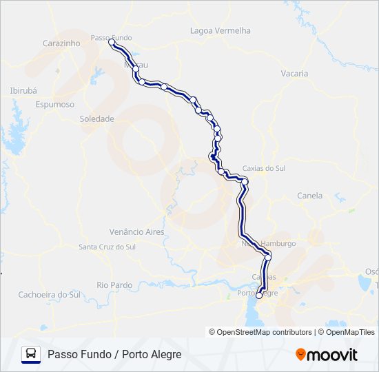 Mapa da linha 1053 PASSO FUNDO / PORTO ALEGRE de ônibus
