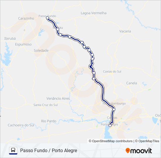 Mapa da linha 1053 PASSO FUNDO / PORTO ALEGRE de ônibus