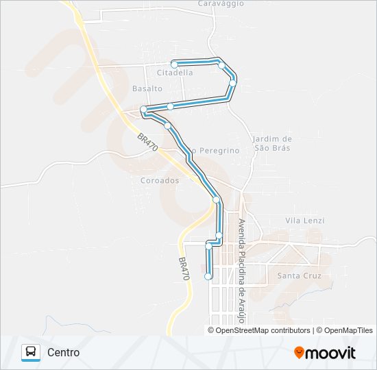 Mapa da linha NS405 SÃO JOÃO BOSCO - CENTRO de ônibus