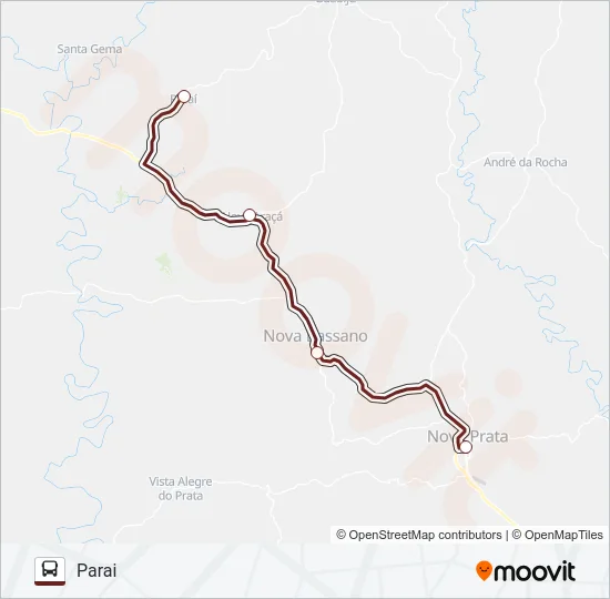 Mapa da linha 215 NOVA PRATA / PARAI de ônibus