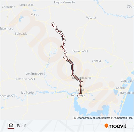 Mapa da linha 921 PARAÍ / PORTO ALEGRE de ônibus