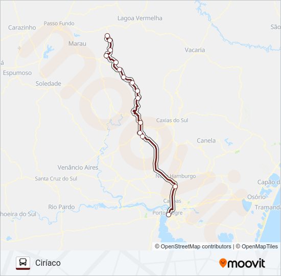 Mapa da linha 1314 CIRIACO / PORTO ALEGRE de ônibus