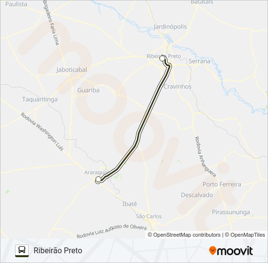 Mapa da linha ARARAQUARA / RIBEIRÃO PRETO (RODOVIÁRIA) de ônibus