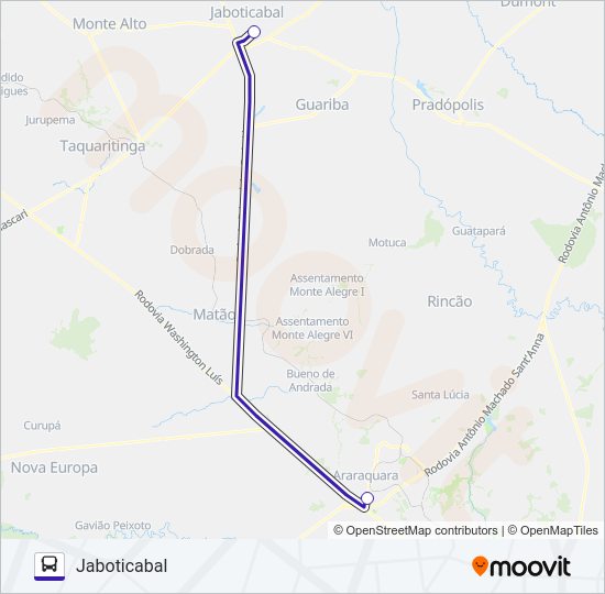 Mapa da linha ARARAQUARA / JABOTICABAL (SUBURBANA) de ônibus
