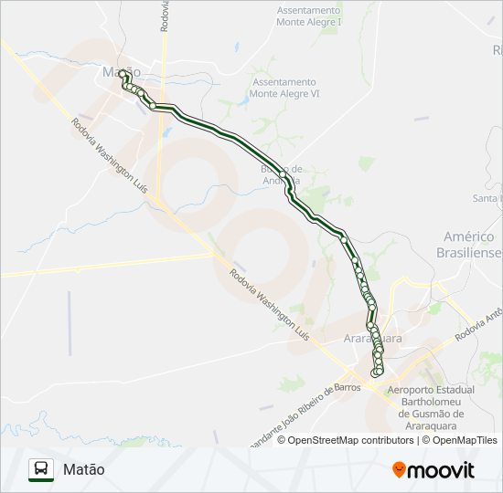 Mapa da linha MATÃO / ARARAQUARA (SUBURBANA) de ônibus