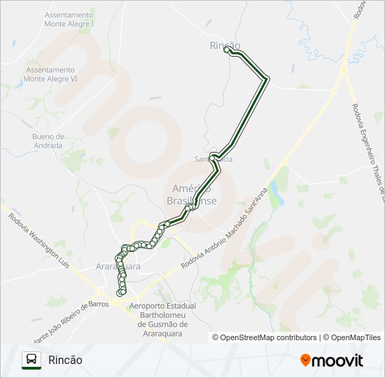 Mapa da linha ARARAQUARA / RINCÃO (SUBURBANA) de ônibus