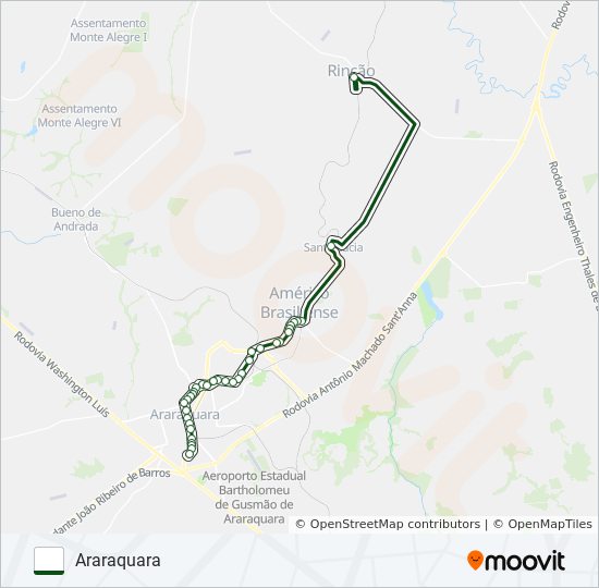 Mapa da linha ARARAQUARA / RINCÃO (SUBURBANA) de ônibus