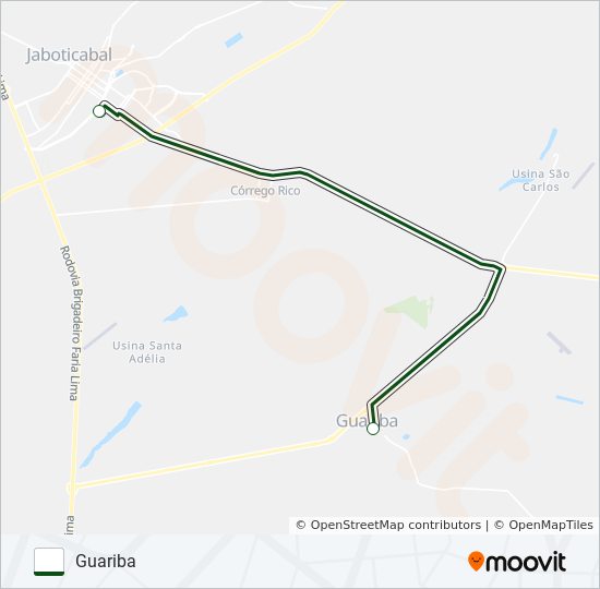 Mapa da linha GUARIBA / JABOTICABAL (SUBURBANA) de ônibus