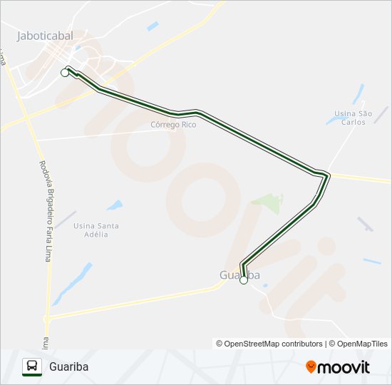 Mapa da linha GUARIBA / JABOTICABAL (SUBURBANA) de ônibus