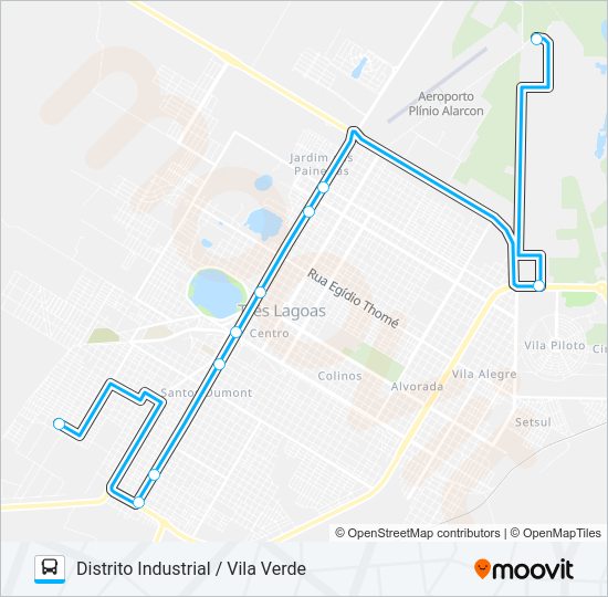 Mapa da linha 010 DISTRITO INDUSTRIAL / VILA VERDE de ônibus