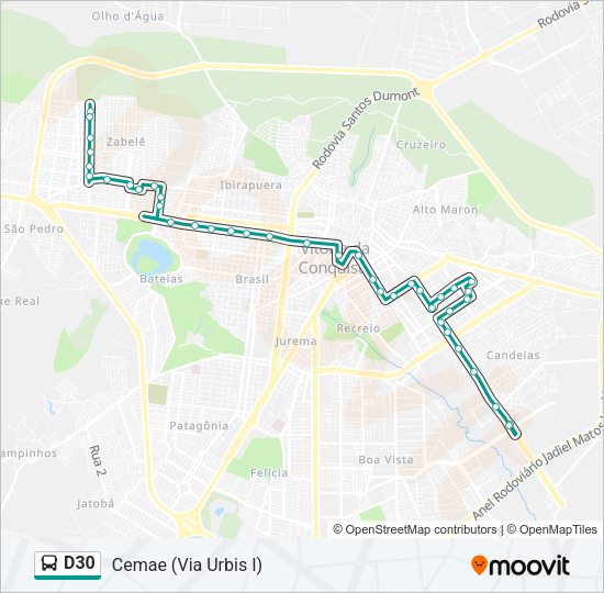 Mapa da linha D30 de ônibus