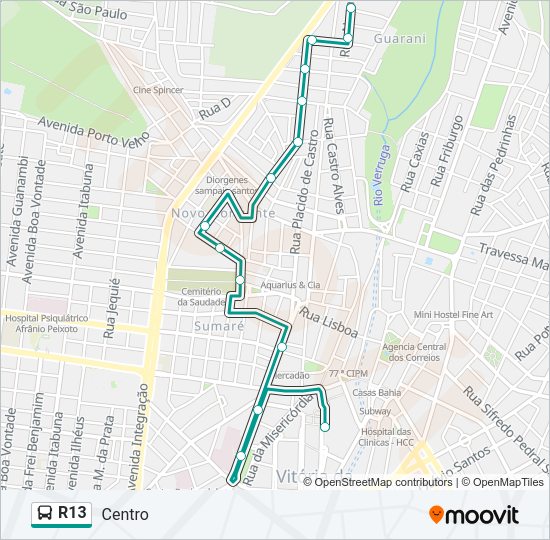 Mapa da linha R13 de ônibus