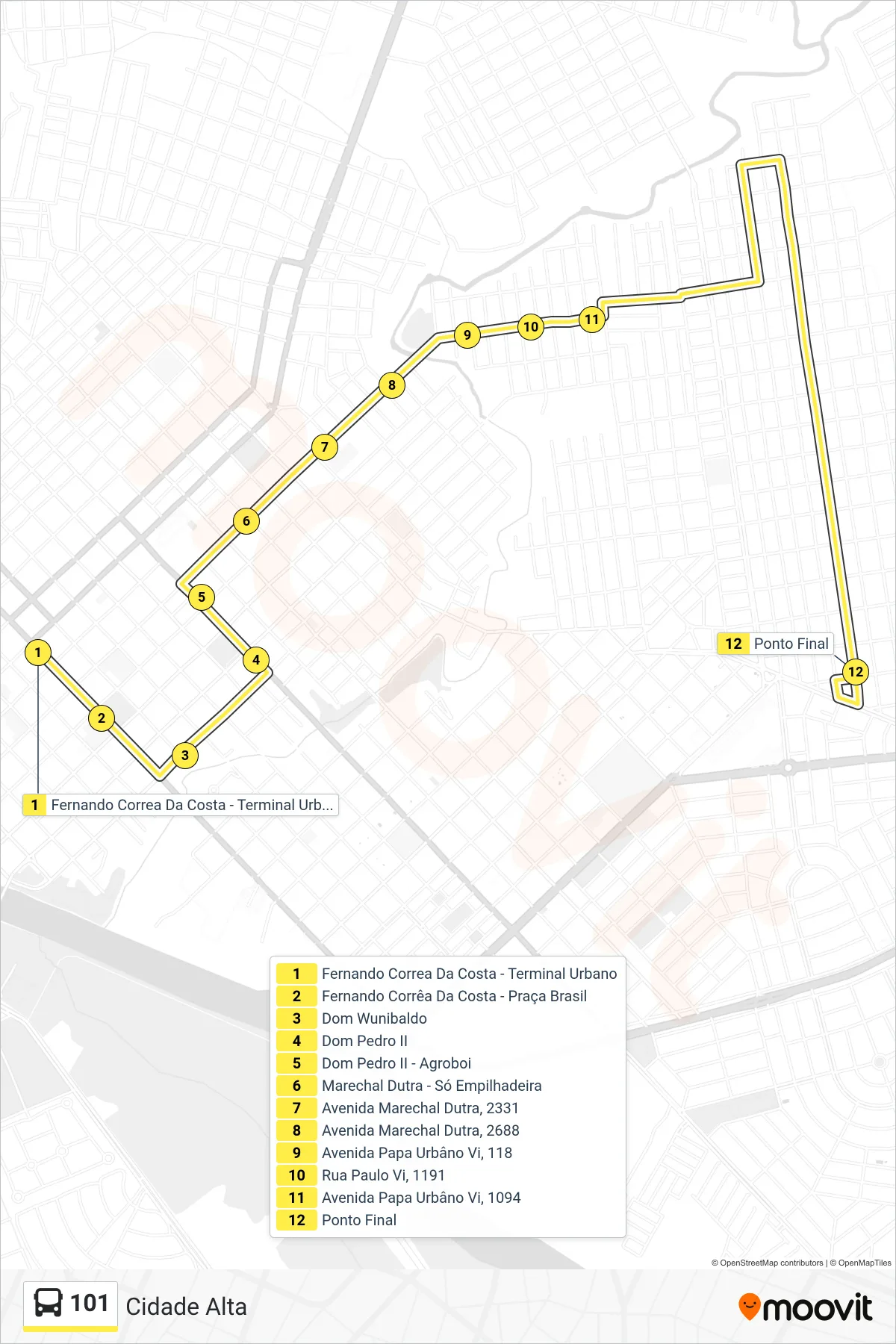 101 bus Line (Cidade Alta) route and stops on a map