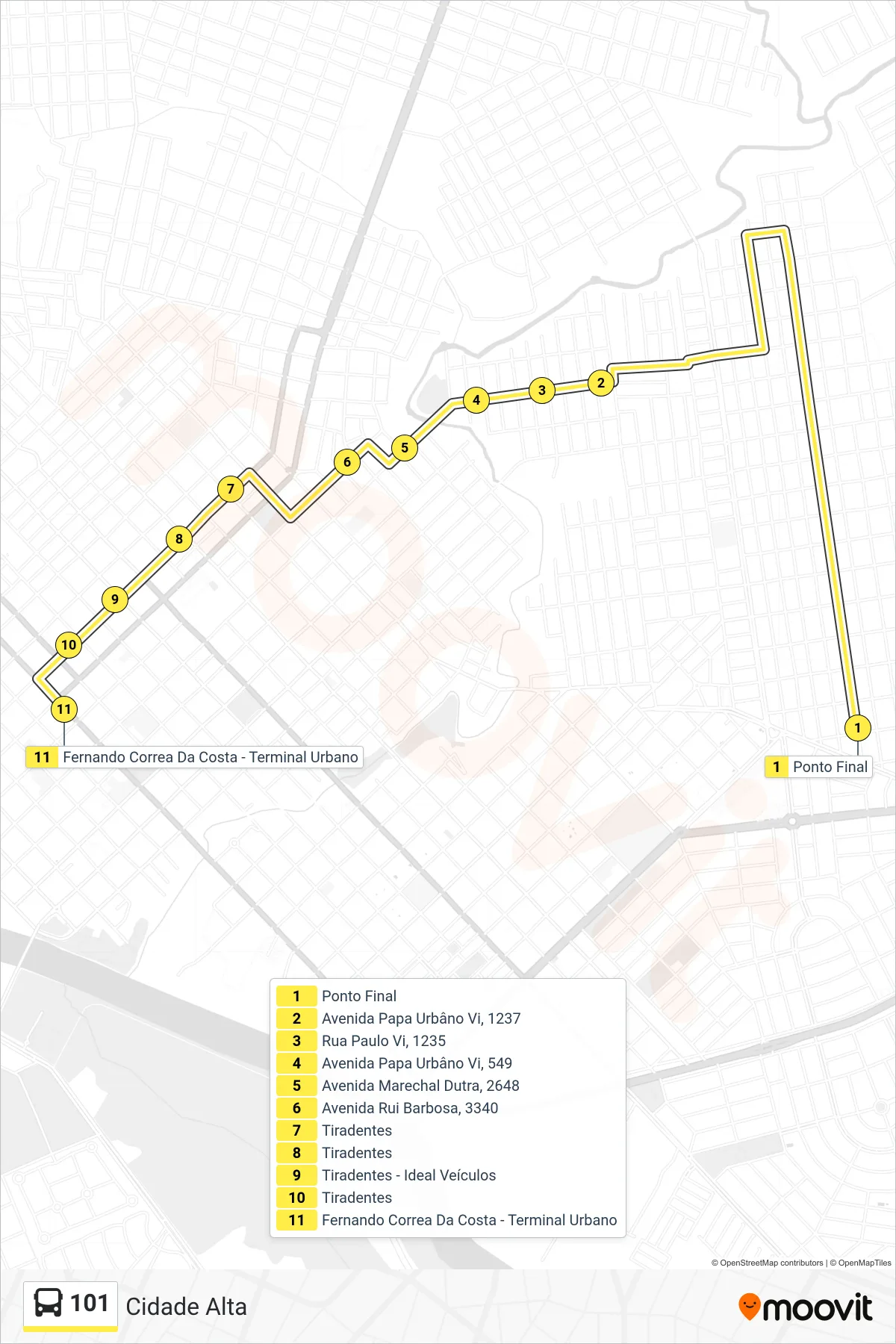 Rota e paradas da linha de ônibus  101  (Centro) no mapa