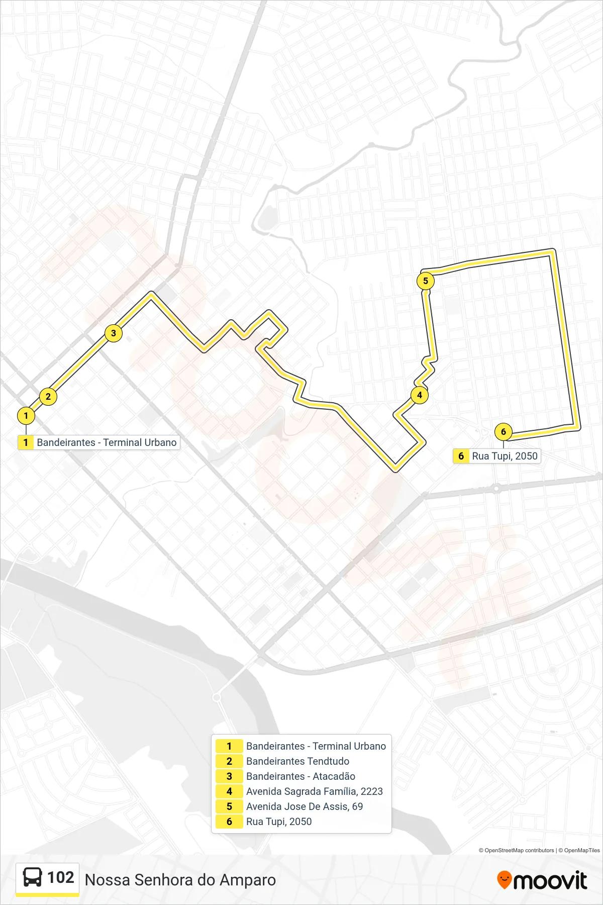 Rota e paradas da linha de ônibus 102 (Nossa Senhora Do Amparo) no mapa