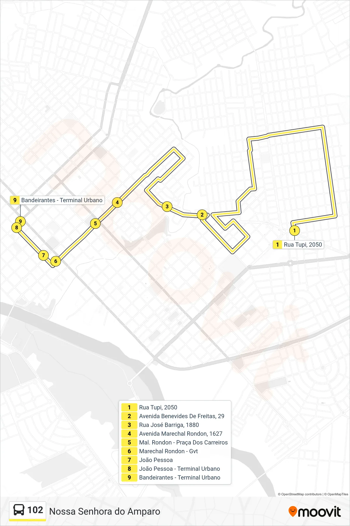 102 bus Line (Centro) route and stops on a map