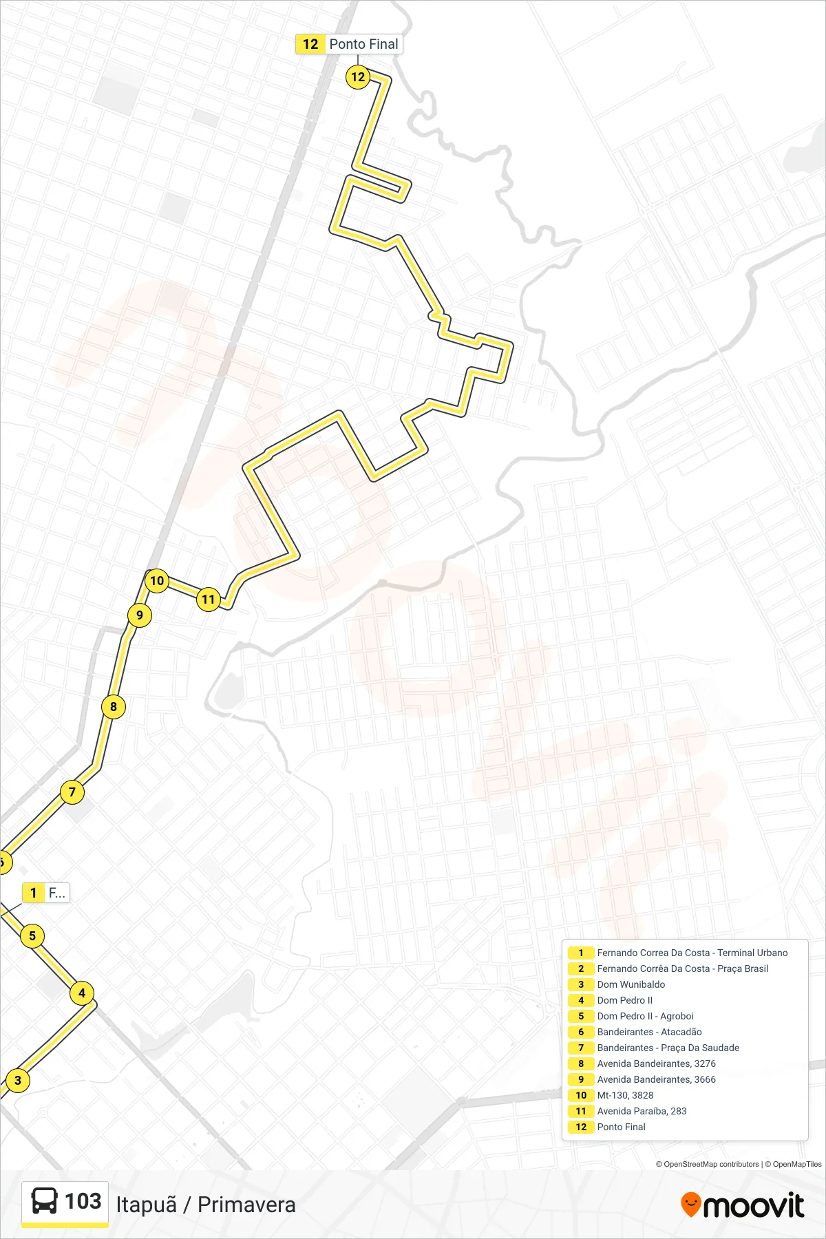 Rota e paradas da linha de ônibus  103  (Itapuã / Primavera) no mapa