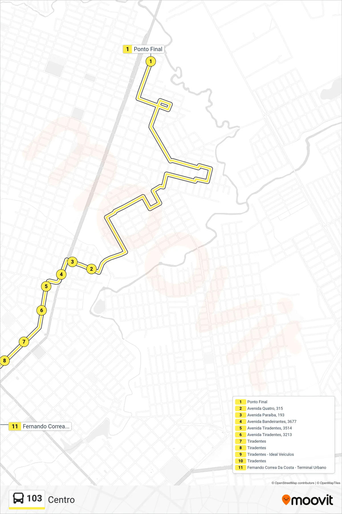 Rota e paradas da linha de ônibus 103 (Centro) no mapa