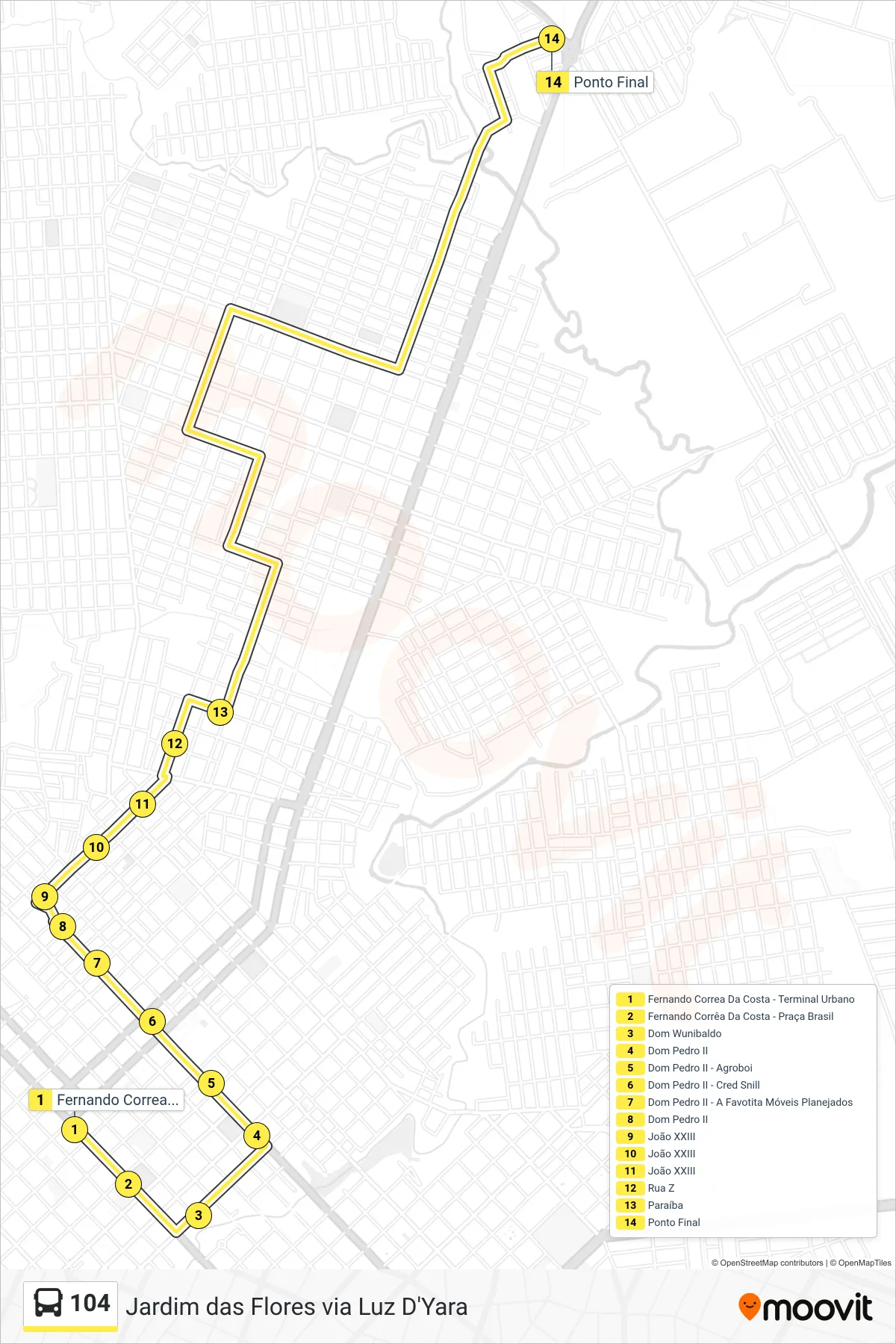 Rota e paradas da linha de ônibus 104 (Jardim Das Flores) no mapa
