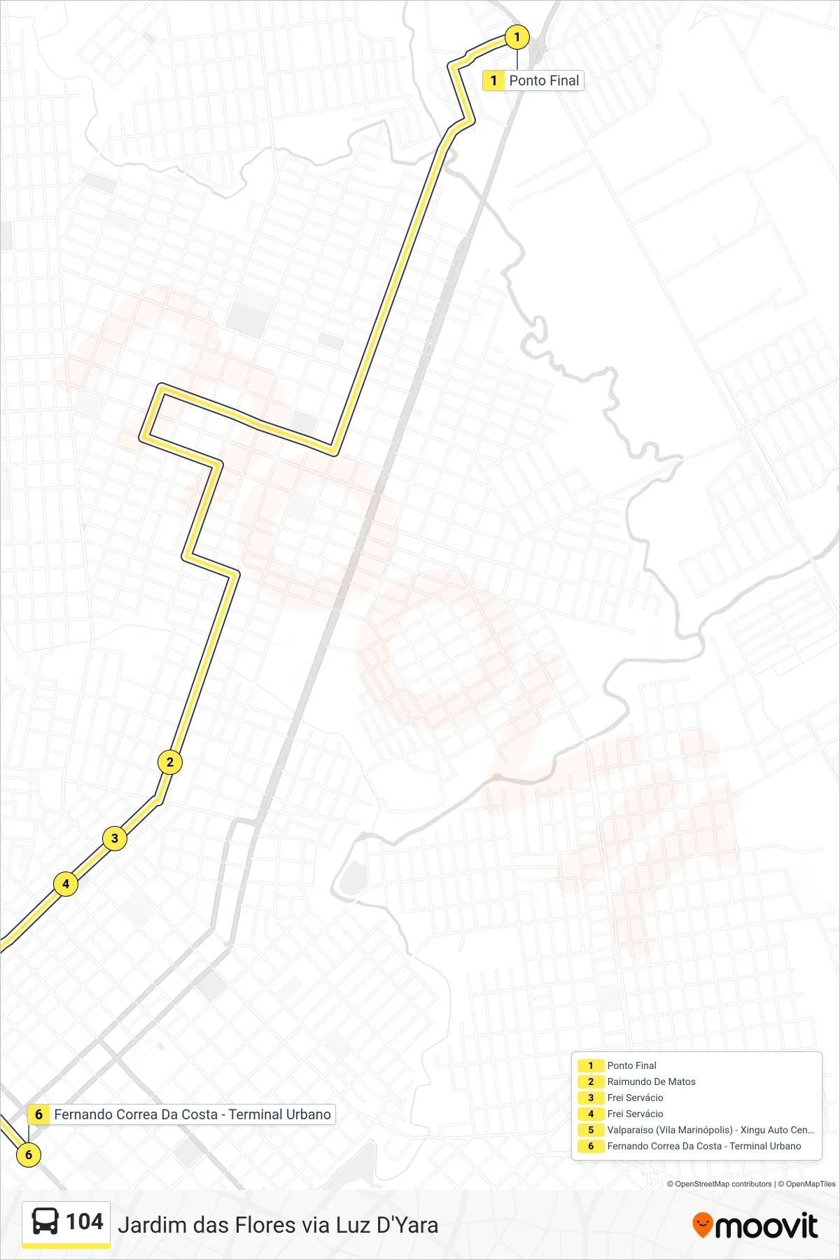 Rota e paradas da linha de ônibus 104 (Centro) no mapa