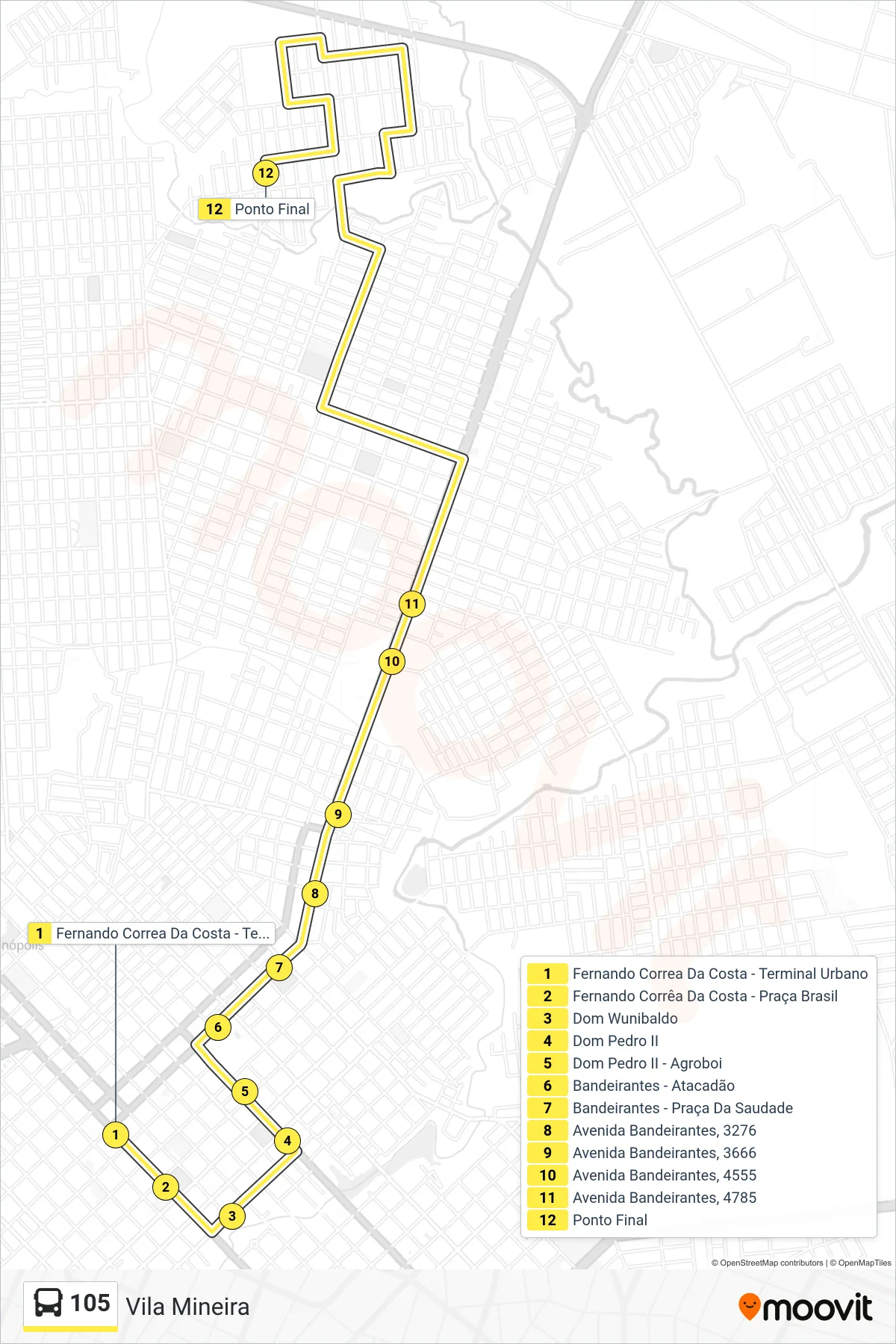 Rota e paradas da linha de ônibus 105 (Vila Mineira) no mapa