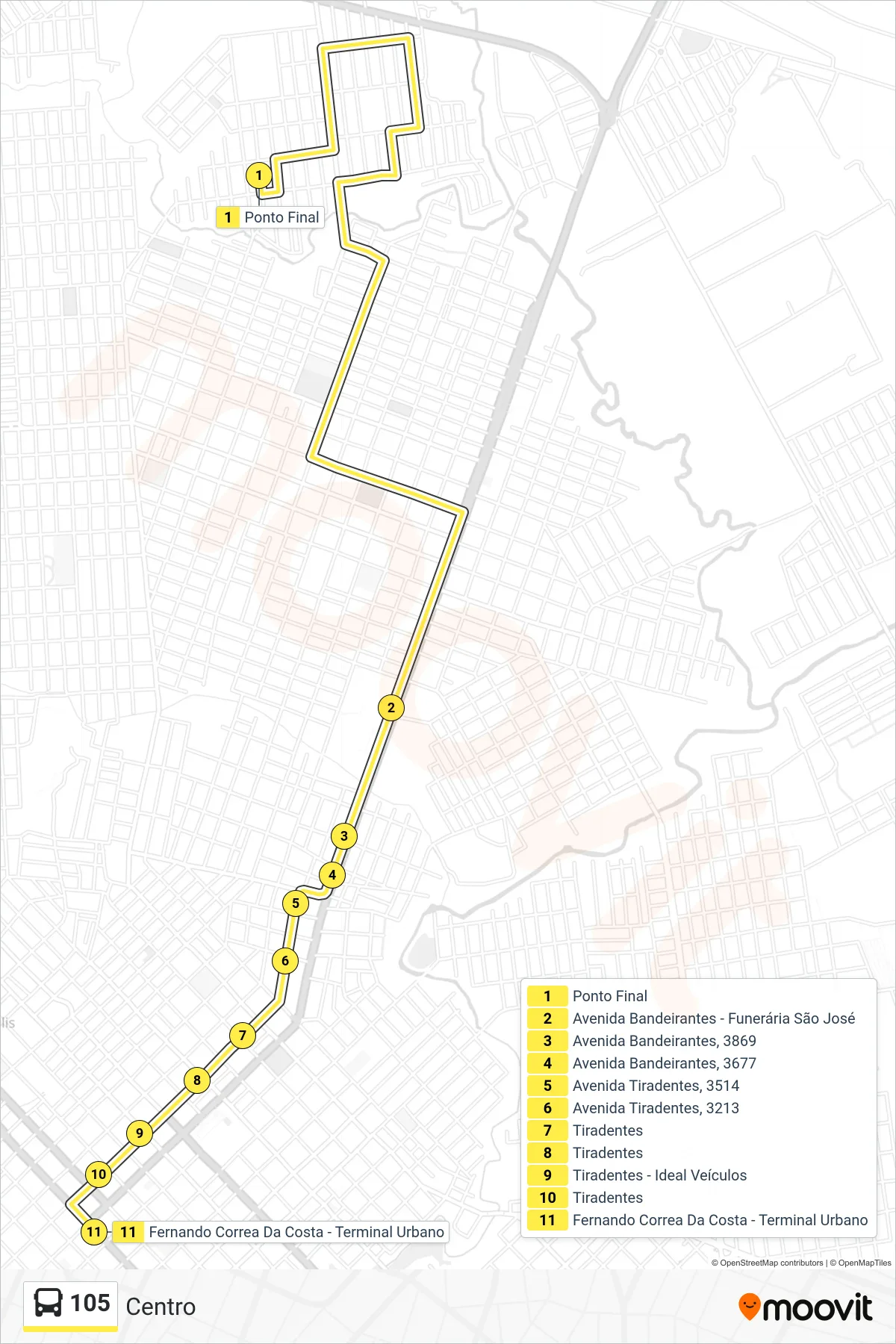 Rota e paradas da linha de ônibus  105  (Centro) no mapa