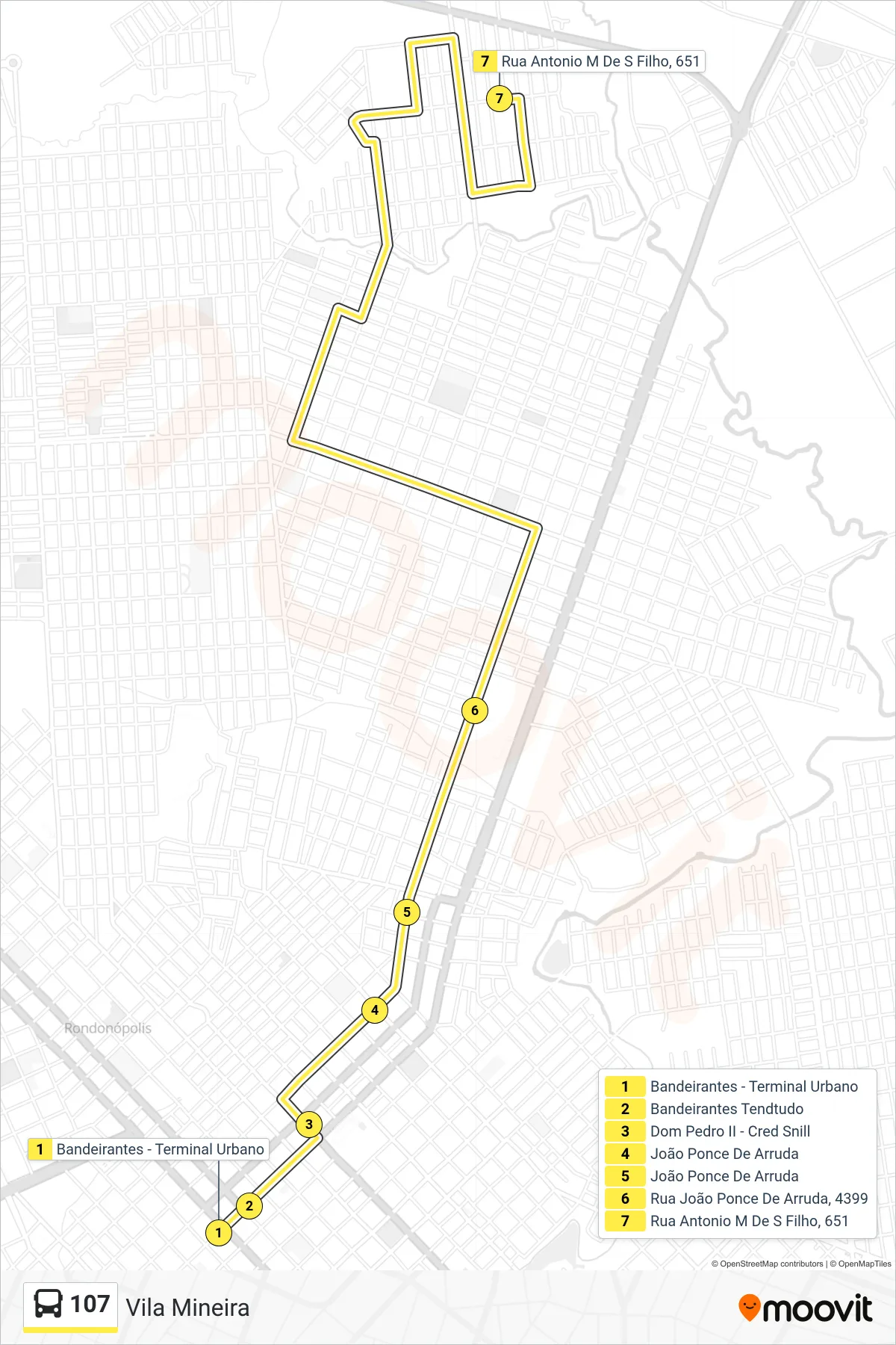 Rota e paradas da linha de ônibus  107  (Vila Mineira) no mapa