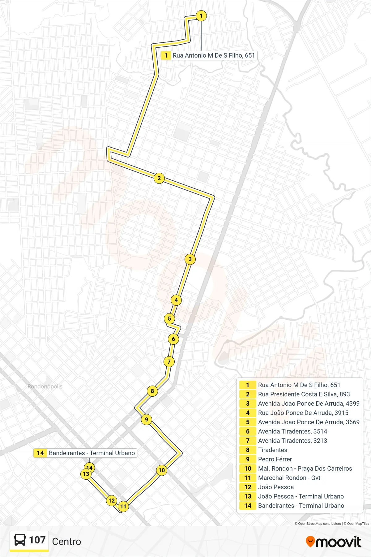 Rota e paradas da linha de ônibus  107  (Centro) no mapa