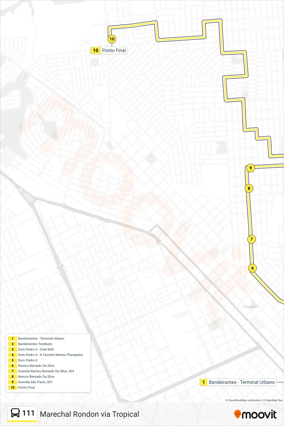Rota e paradas da linha de ônibus 111 (Marechal Rondon) no mapa