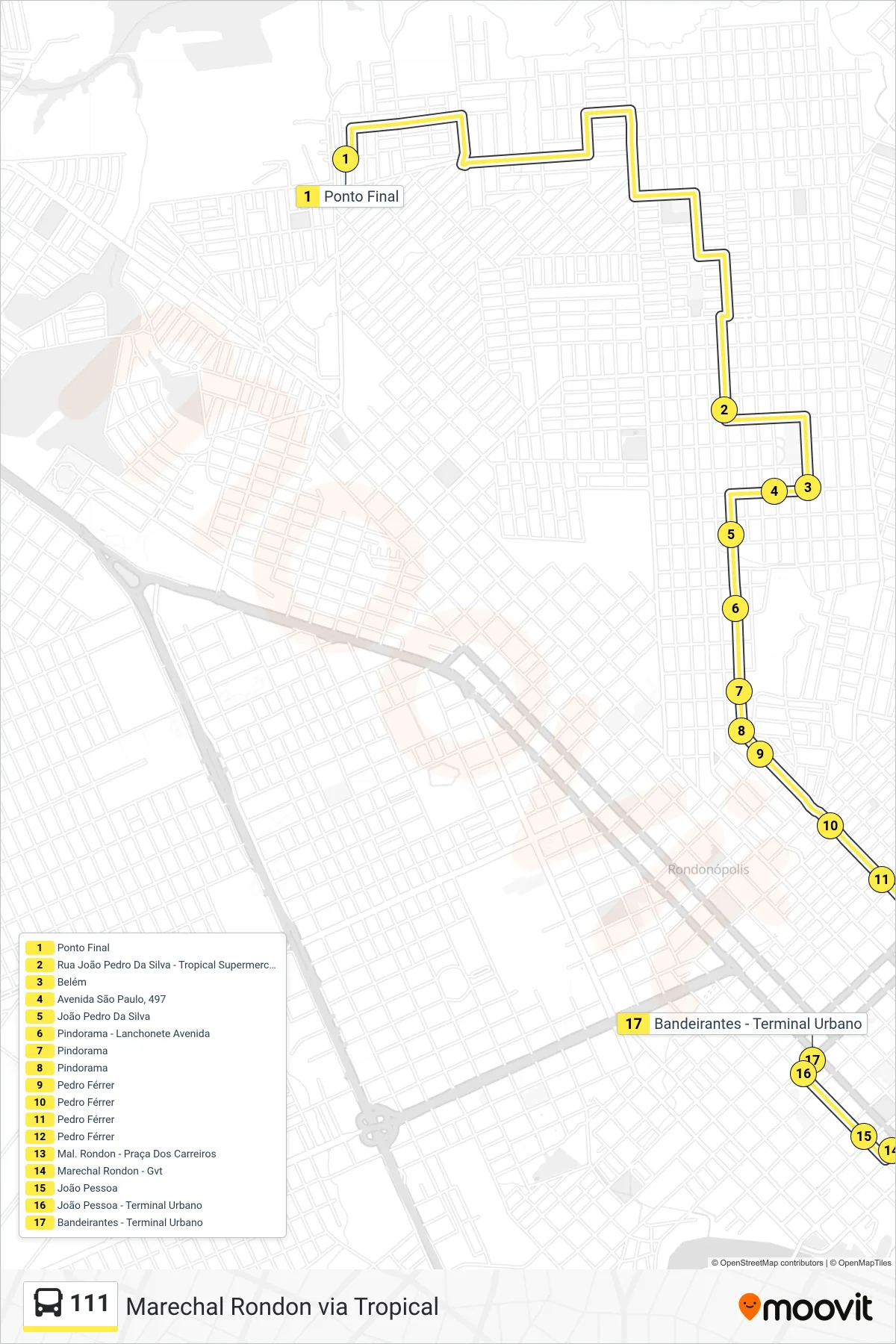 Rota e paradas da linha de ônibus 111 (Centro) no mapa