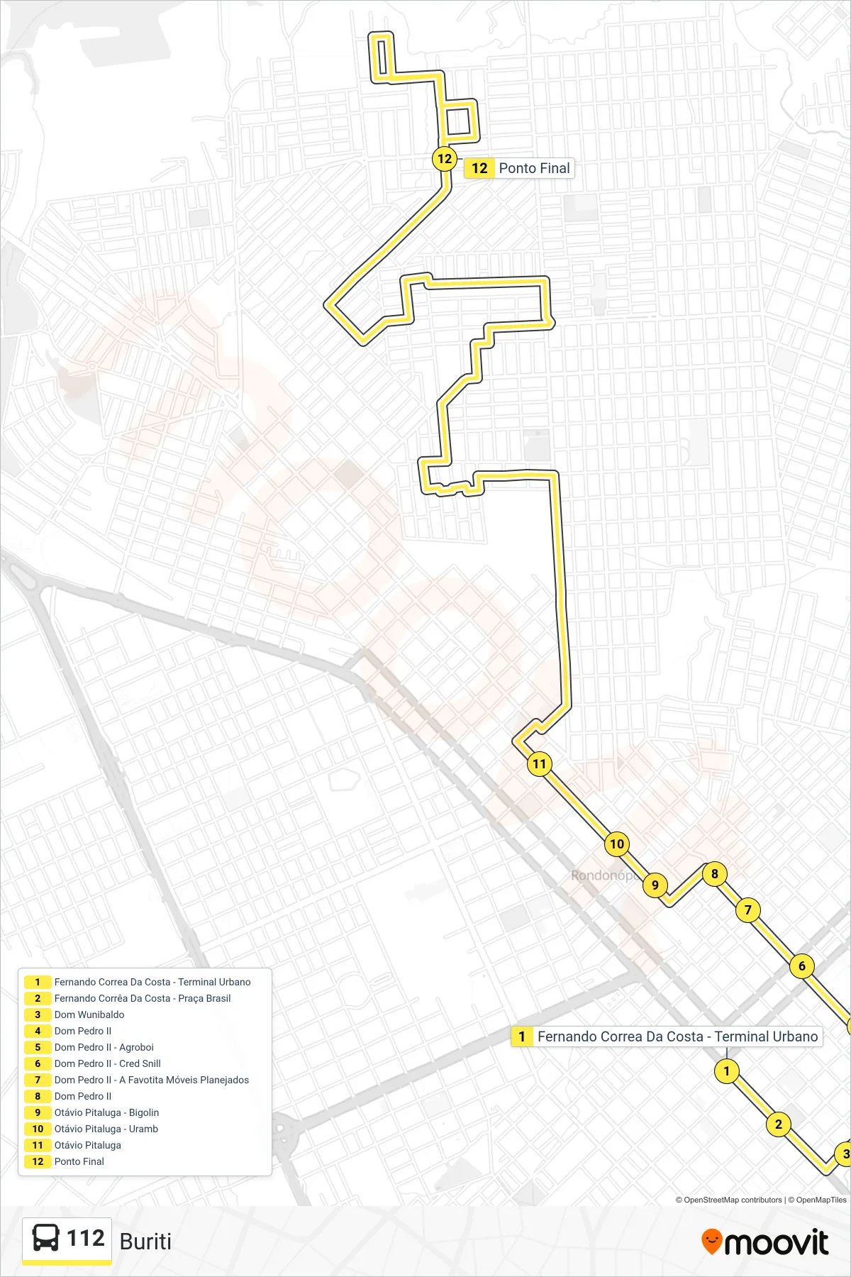 Rota e paradas da linha de ônibus 112 (Buriti) no mapa