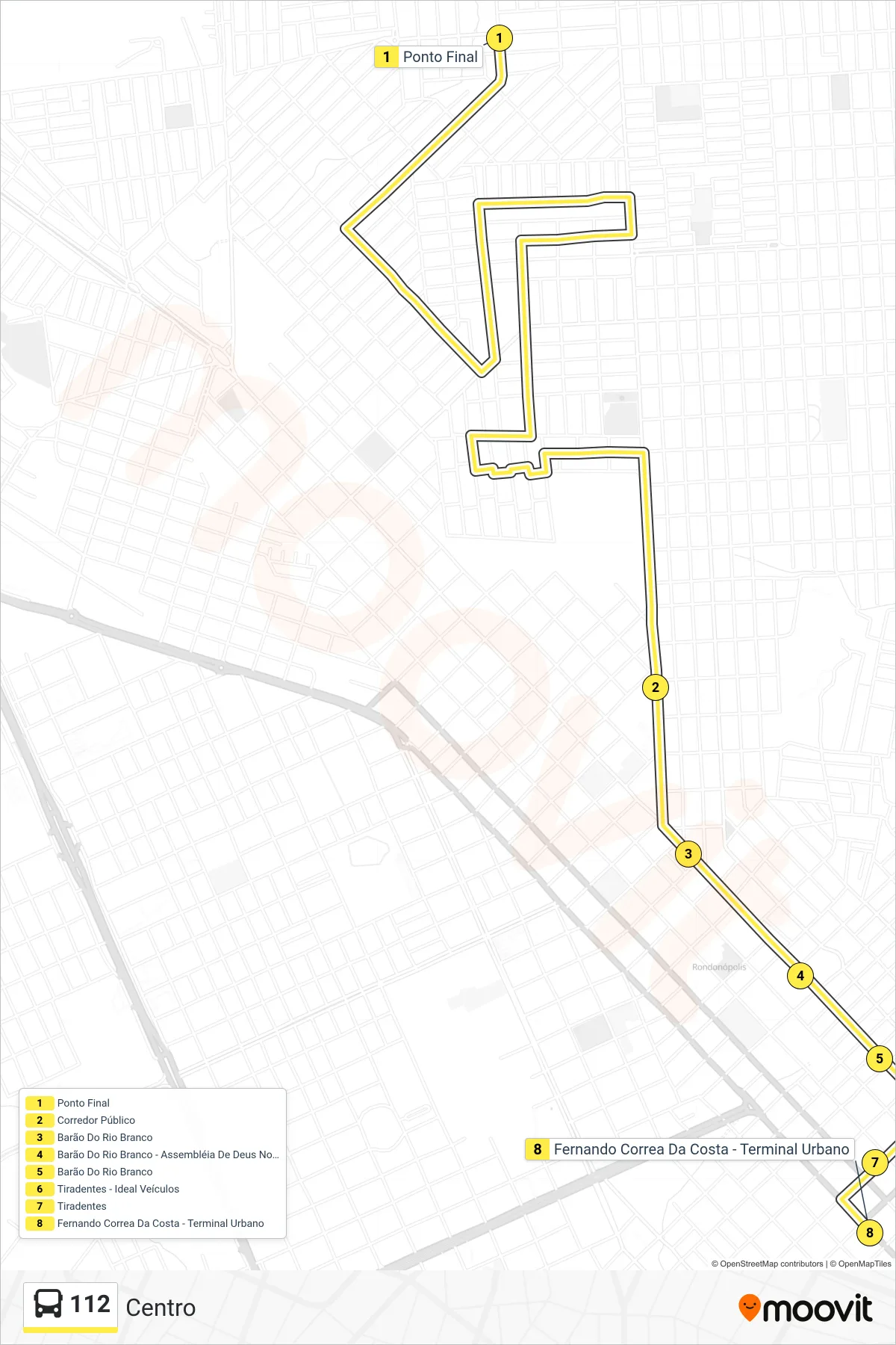 Rota e paradas da linha de ônibus 112 (Centro) no mapa