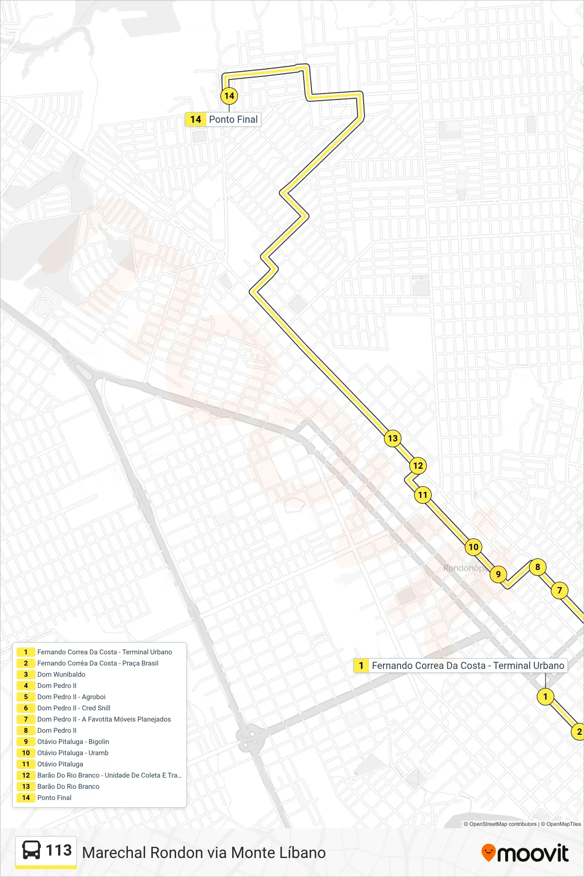Rota e paradas da linha de ônibus  113  (Marechal Rondon) no mapa