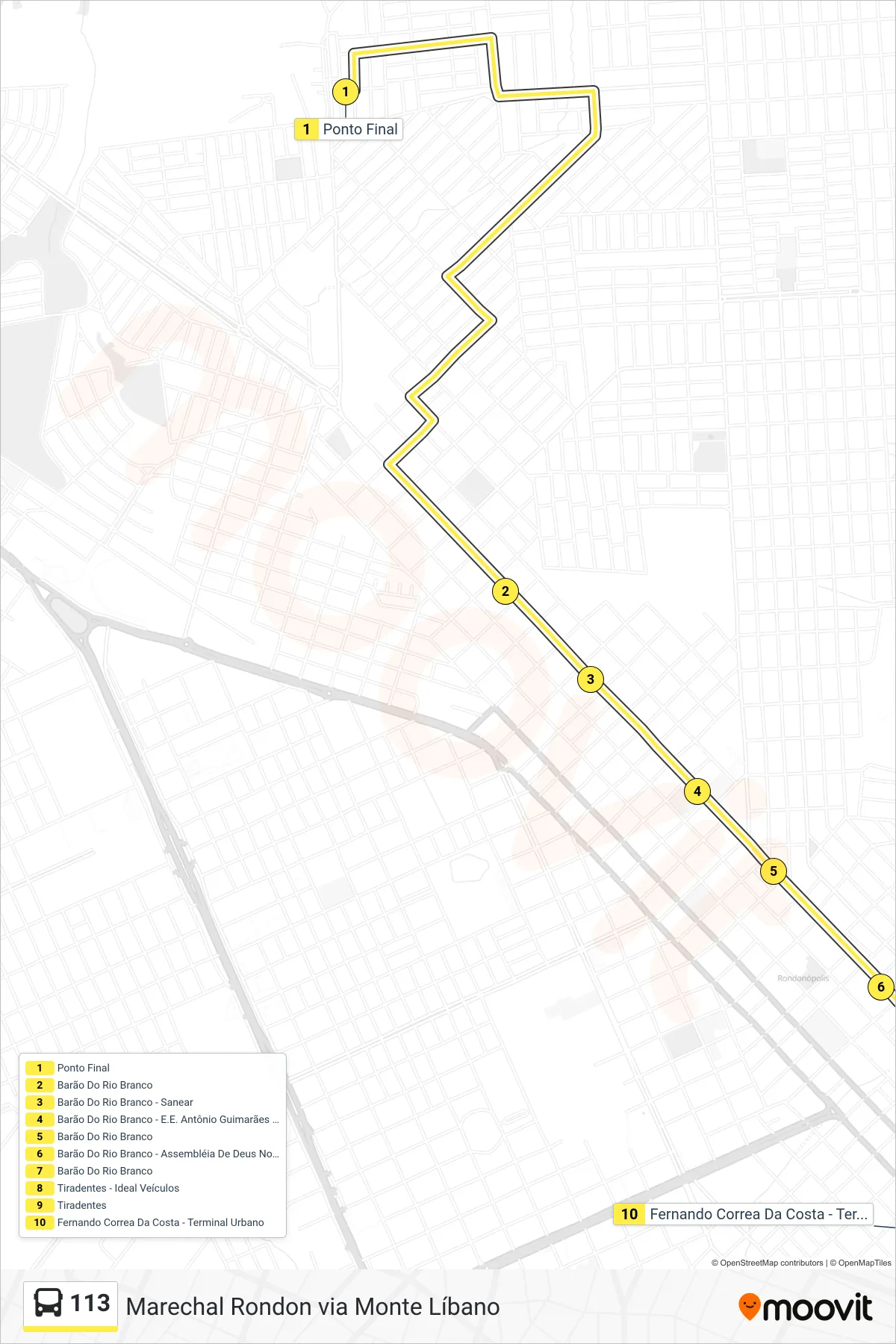 Rota e paradas da linha de ônibus  113  (Centro) no mapa
