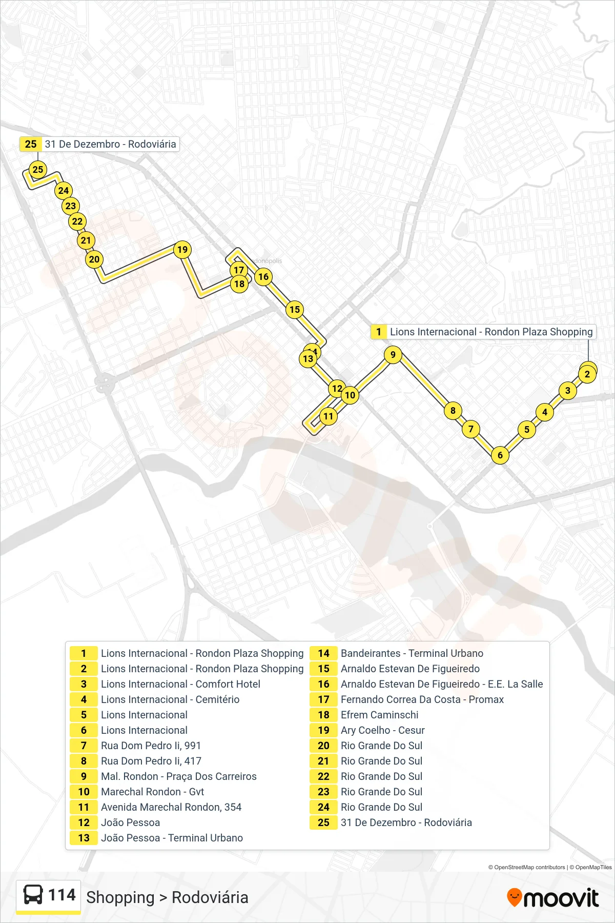 114 bus Line (Shopping > Rodoviária) route and stops on a map
