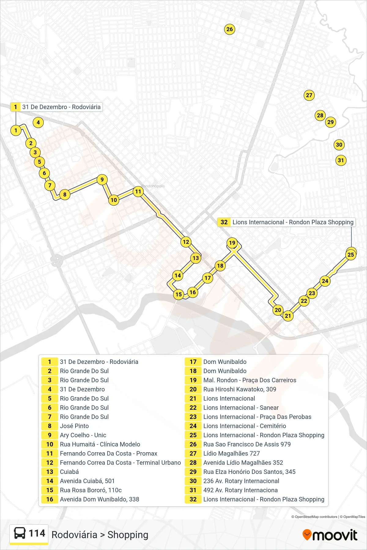 Rota e paradas da linha de ônibus 114 (Rodoviária > Shopping) no mapa