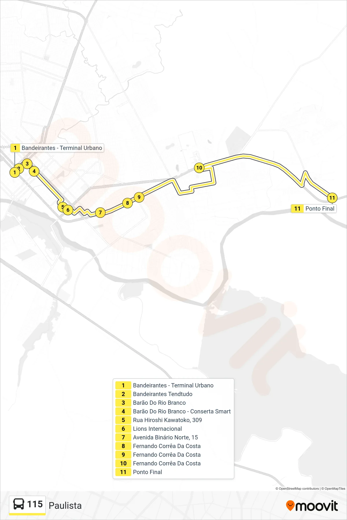 Rota e paradas da linha de ônibus 115 (Paulista) no mapa