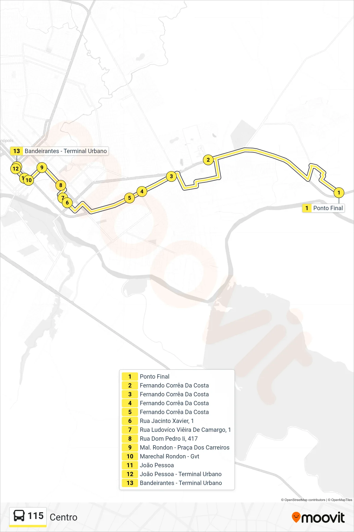 115 bus Line (Centro) route and stops on a map