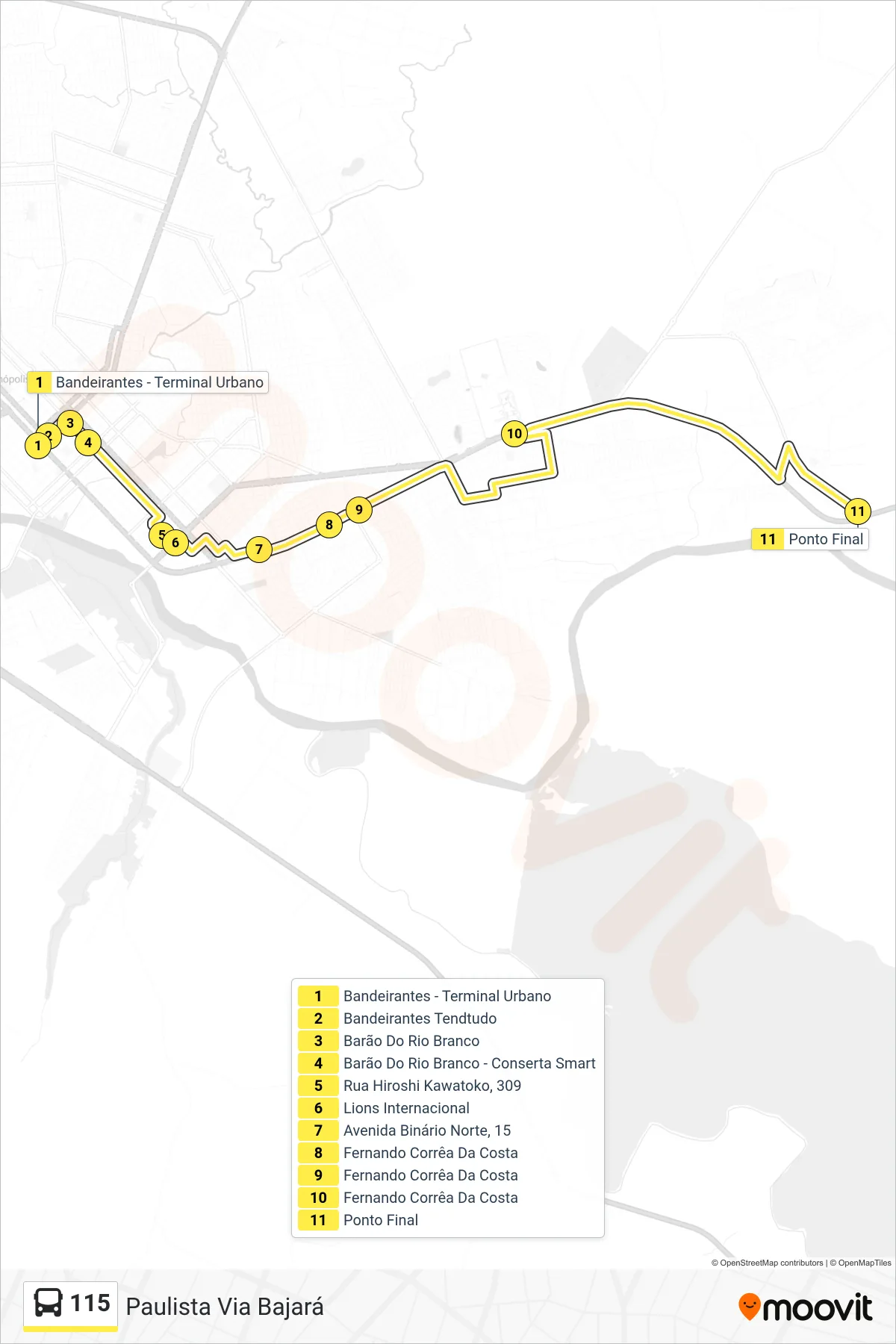 115 bus Line (Paulista Via Bajará) route and stops on a map