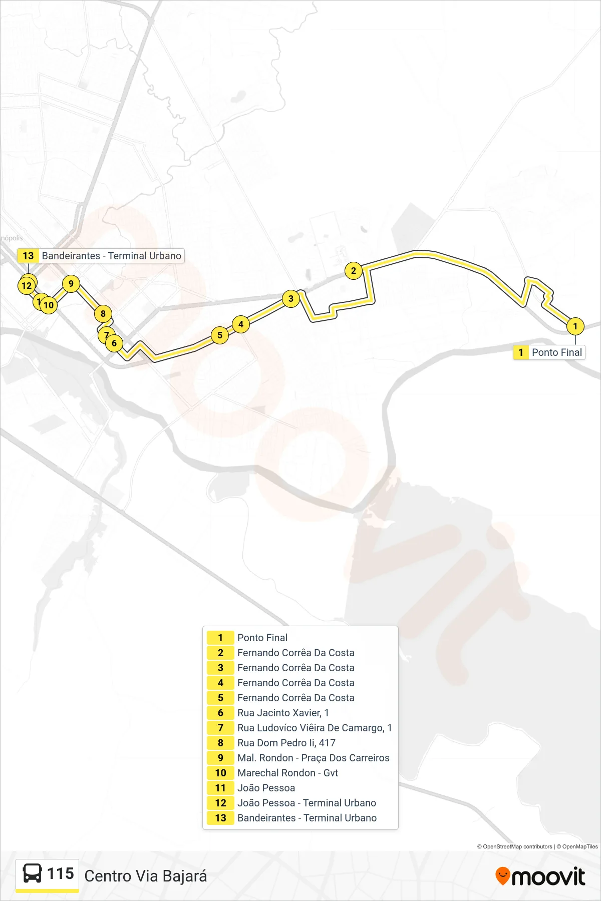 115 bus Line (Centro Via Bajará) route and stops on a map