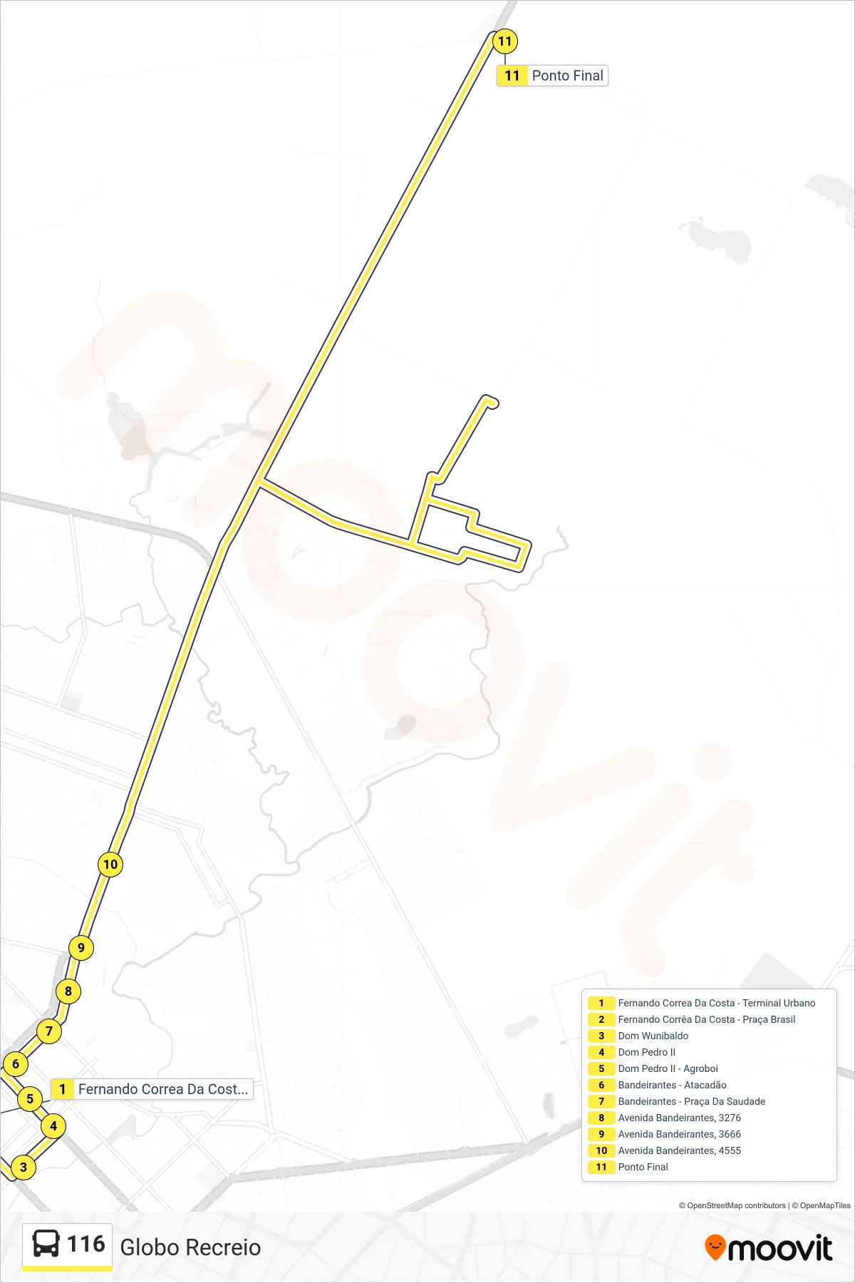 Rota e paradas da linha de ônibus 116 (Globo Recreio) no mapa