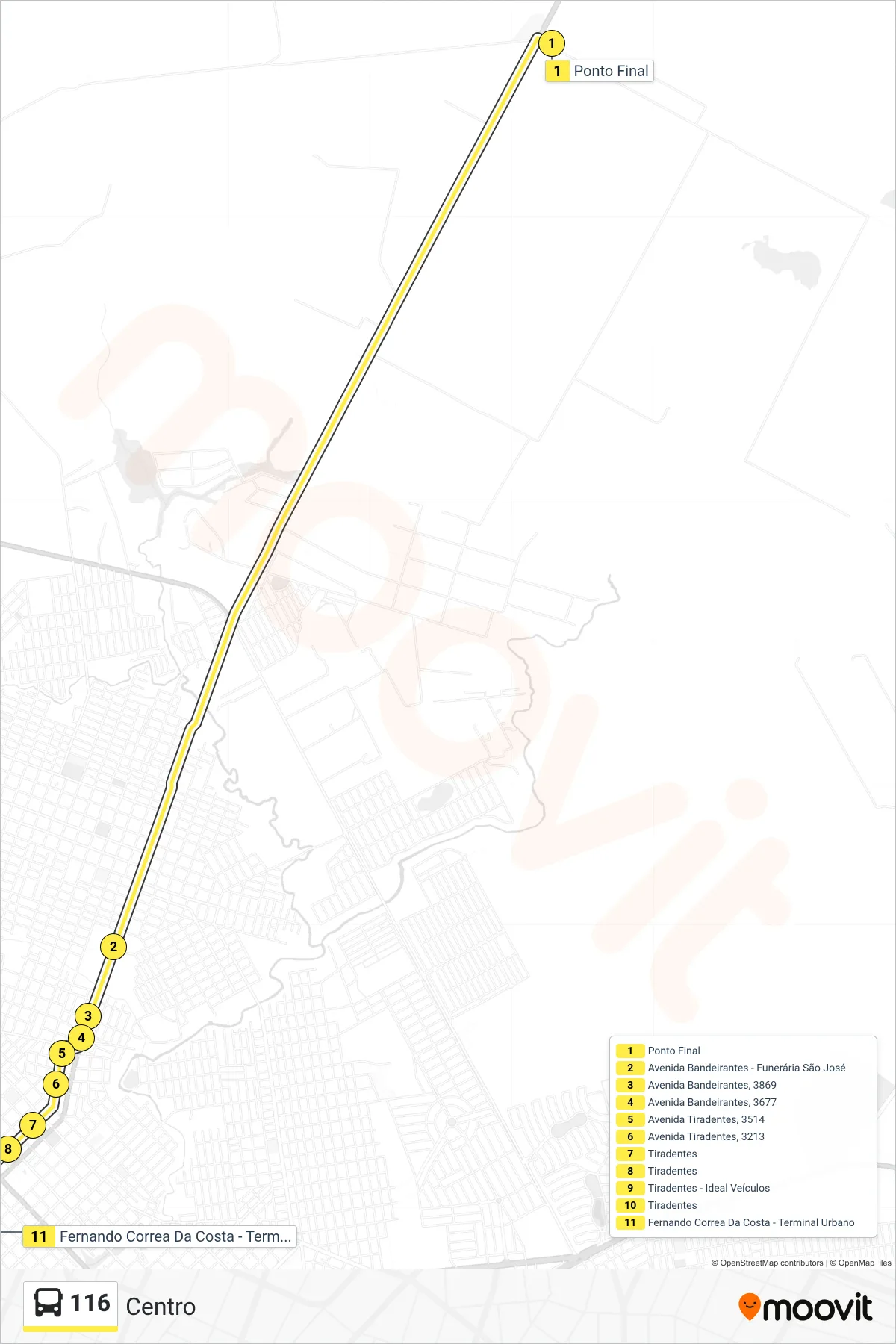 Rota e paradas da linha de ônibus 116 (Centro) no mapa