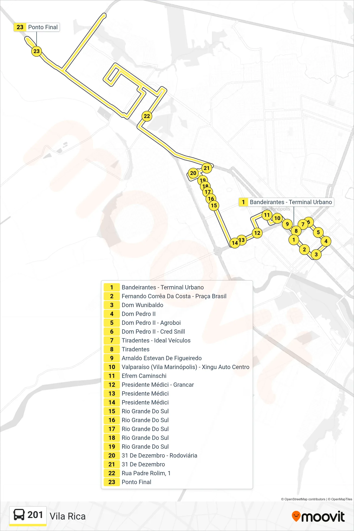 Rota e paradas da linha de ônibus 201 (Vila Rica) no mapa
