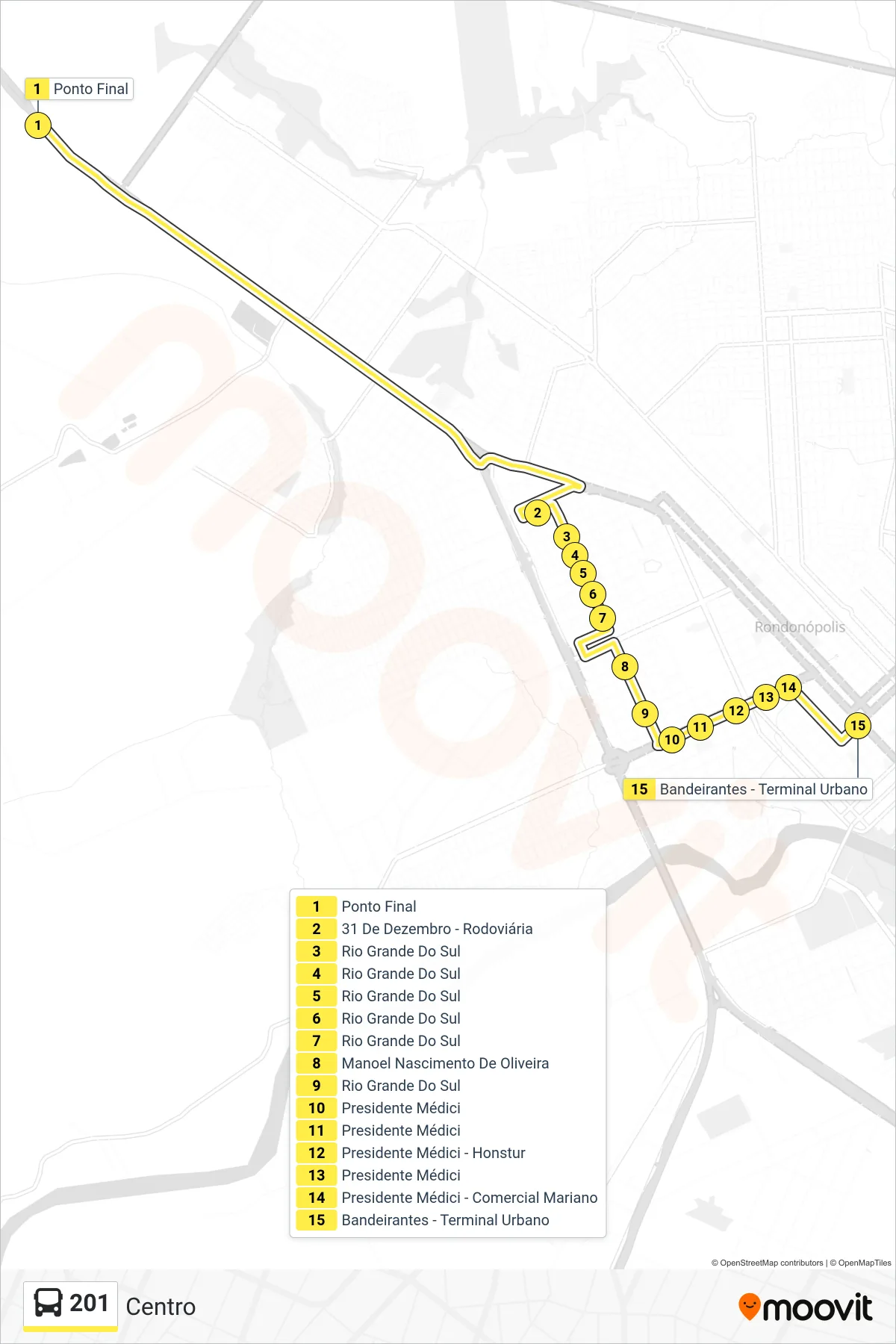 Rota e paradas da linha de ônibus 201 (Centro) no mapa