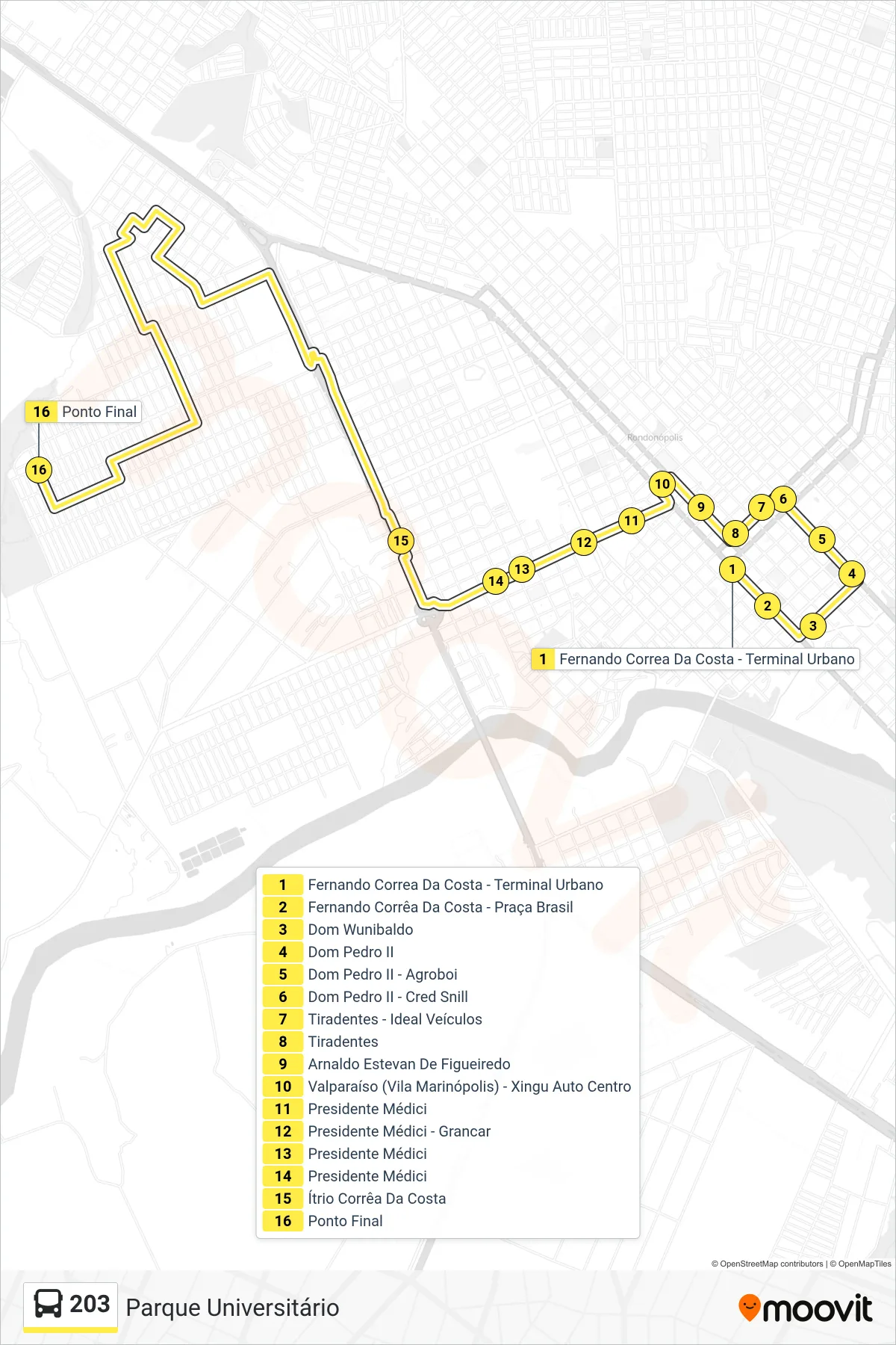 Rota e paradas da linha de ônibus 203 (Parque Universitário) no mapa